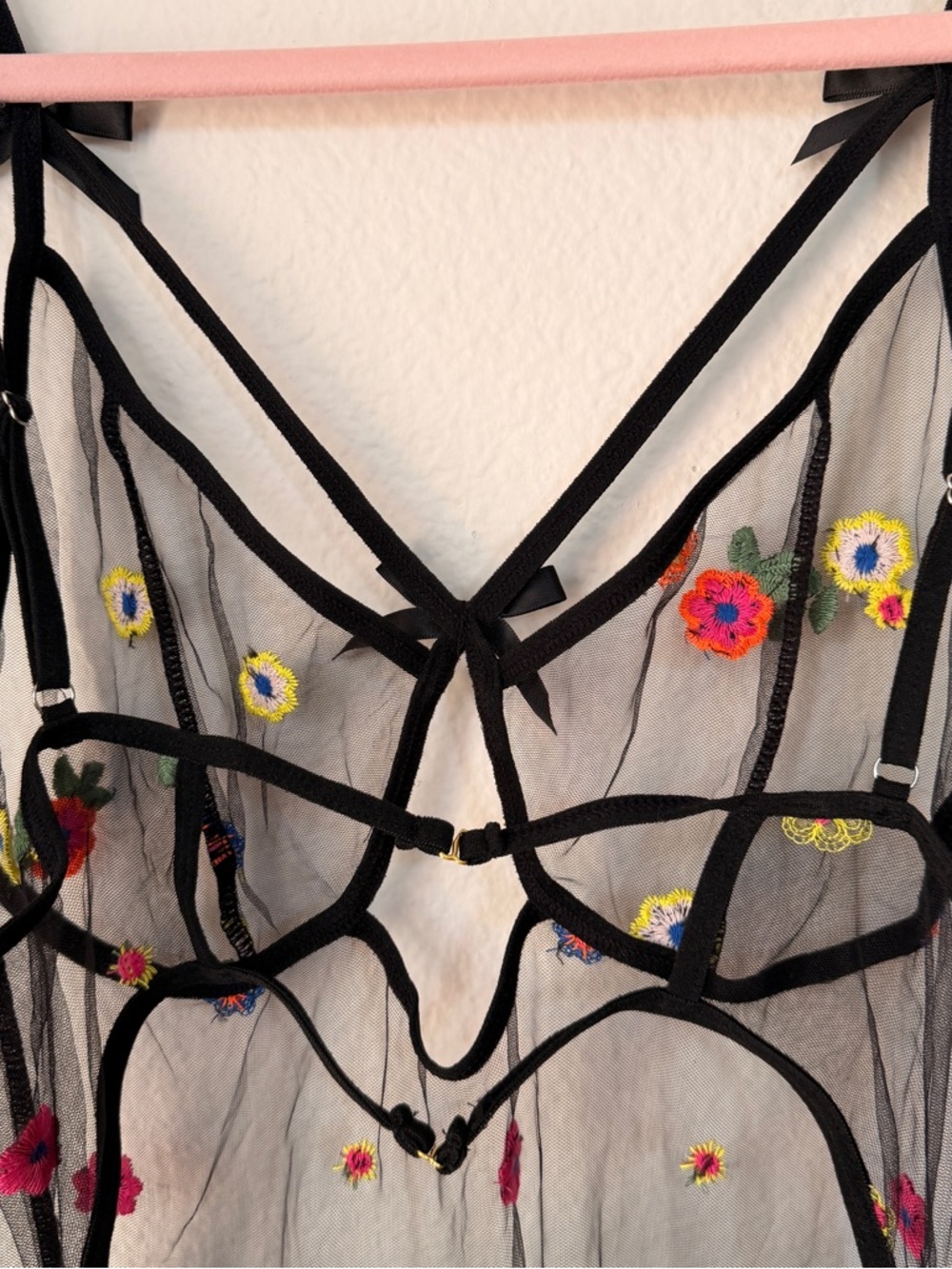 Sheer Black Floral Embroidered Babydoll Dress Lingerie Mesh Fairy Coquette XL - Picture 9 of 12